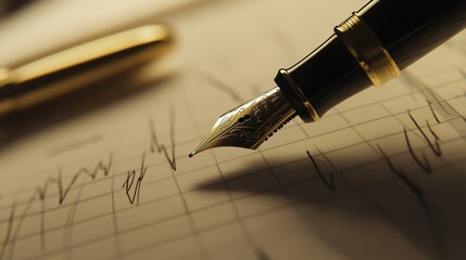 Fototapeta premium Intricate macro shot of a gold-accented fountain pen nib resting delicately on financial graphs, showcasing fine texture details and elegant craftsmanship against analytical chart lines.