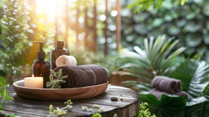 Wellness setup with essential oils and natural spa products outdoors