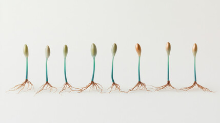 A minimalistic photograph of germinating seeds with bright teal stems and copper-toned roots, positioned in an elegant lineup on a clean white background, intricate root textures, botanical clarity, s