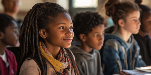Fototapeta premium A group of diverse students attentively engage in a classroom lesson, their expressions reflecting curiosity and eagerness as they learn together in an inclusive environment.