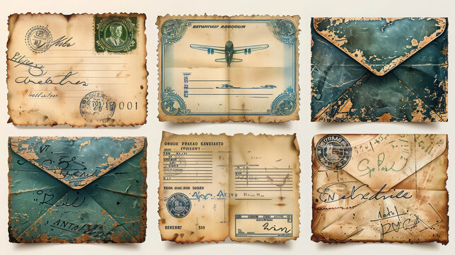 Old postal letter with postmark stamps. Antique airmail letters with plane border mark, mail stamp label and post ink cachet vector set.