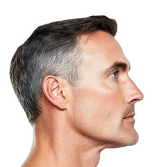 Obraz premium Mature Man Profile Portrait Gray Hair Aging Process Skin Care Anti Aging Treatment Men's Health Wellness Studio Shot Isolated White Background Side View Headshot Close-up Caucasian Male Grooming