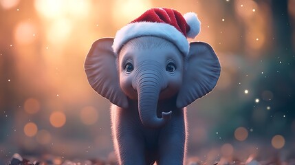 A baby elephant with a Santa hat in a festive safari setting