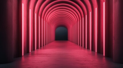 Fototapeta premium A vibrant, illuminated corridor featuring pink arches and vertical lights, creating a futuristic and immersive atmosphere.
