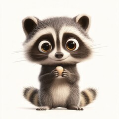 Fototapeta premium A curious raccoon holding a small object, its paws raised and eyes wide with interest on a white background 