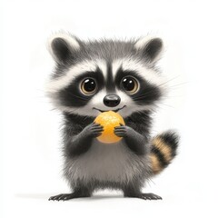Fototapeta premium A curious raccoon holding a small object, its paws raised and eyes wide with interest on a white background 