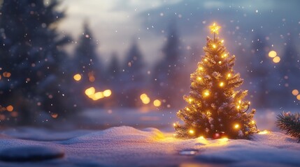 Mini Noel ağacı ve karlı arka planında ışıklar olan rahat Noel dekorasyonu