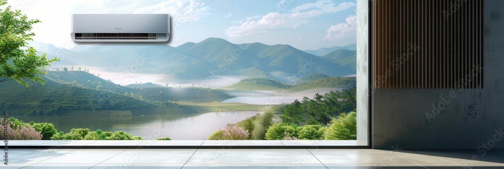 Poster air conditioning unit mounted on wall next to open window overlooking serene lake and mountain view.