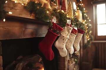 Warm and cozy christmas scene with decorated stockings hanging from a fireplace mantelpiece,...