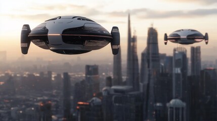 Fototapeta premium Futuristic flying vehicles soar above a modern city skyline at sunset, showcasing advanced technology and urban innovation.