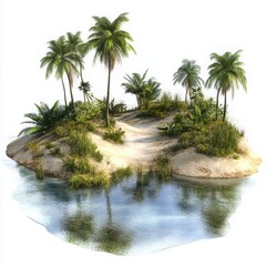 Obraz premium A remote desert oasis with a calm water surface and scattered tropical plants on a white background 