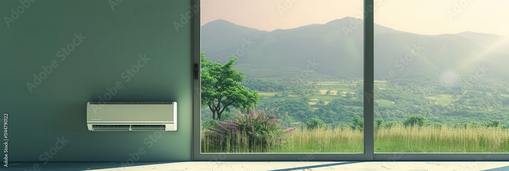 Poster Air conditioner mounted on wall near open window with view of mountains and greenery in bright daylight. Generative AI