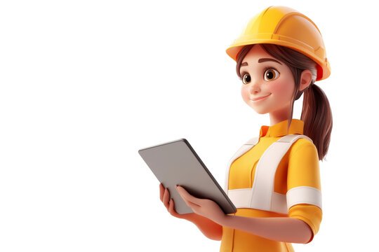 3D Cartoon character of female engineer in yellow safety helmet holding tablet isolated on transparent png background.