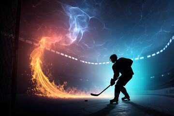 Naklejka premium Silhouette Körper Eishockey Spieler auf dem Eis in der Halle mit Gegenlicht - Flammen und Plasma Linien - Energie und Kraft - Abstrakte Sport Darstellung