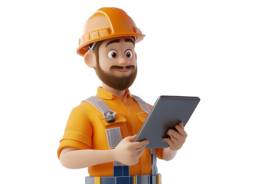 3D Cartoon character of Bearded male engineer in safety helmet holding tablet and smiling isolated on transparent png background.