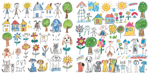 Vector Whimsical Children's Artwork with Colorful Doodles Featuring Happy Kids, Cartoon Animals, Playful Nature Scenes, Smiling Suns, Flowers, and Creative Hand-Drawn Illustrations for a Fun.