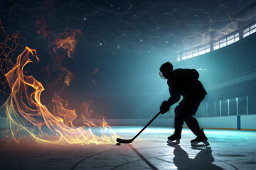 Naklejka premium Silhouette Körper Eishockey Spieler auf dem Eis in der Halle mit Gegenlicht - Flammen und Plasma Linien - Energie und Kraft - Abstrakte Sport Darstellung