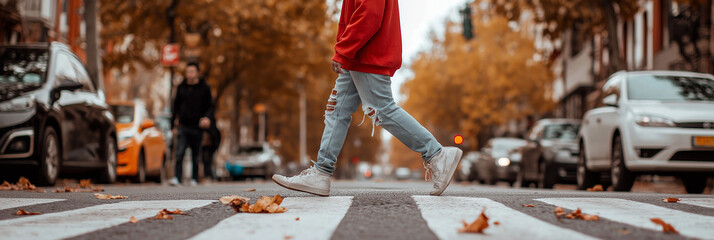A person crosses a street lined with autumn leaves, capturing a moment in an urban setting with the changing season as a backdrop, invoking travel and movement.