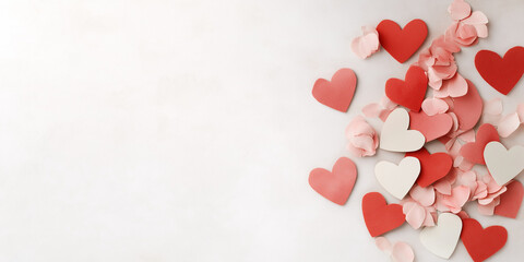 A collection of pink and red hearts are scattered across a light background, conveying love, romance, and affection in a simple yet elegant artistic presentation.