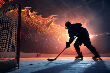 Naklejka premium Silhouette Körper Eishockey Spieler auf dem Eis in der Halle mit Gegenlicht - Flammen und Plasma Linien - Energie und Kraft - Abstrakte Sport Darstellung