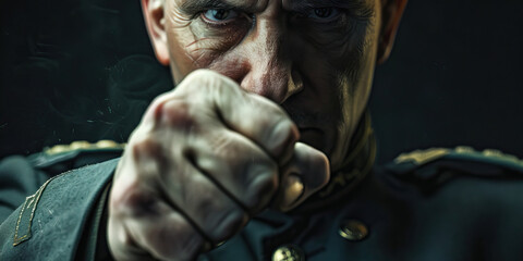 Obraz premium Close-up Portrait of a Man in Military Jacket Making a Fist