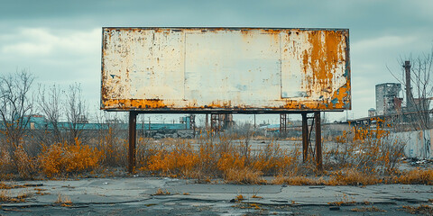 Abandoned billboard in a desolate industrial area with overgrown vegetation under a cloudy sky