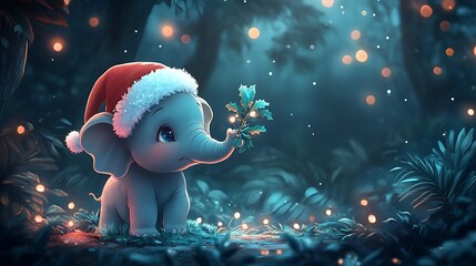 Obraz premium A baby elephant wearing a Santa hat holding a festive branch with its trunk