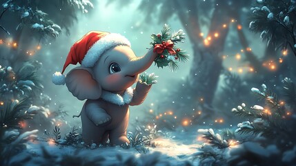 A baby elephant wearing a Santa hat holding a festive branch with its trunk