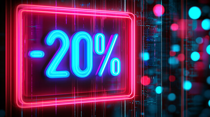 Neon Sale Banner in Pink Blau, 20% Rabatt Sale Banner für Angebote zu Weihnachten, Neujahr, Cyber Monday, Black Friday oder sonstiger Anlass, Shopping Offerte und Ausverkauf im Party Retro Style