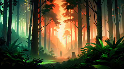 A forest with a bright orange sun shining through the trees