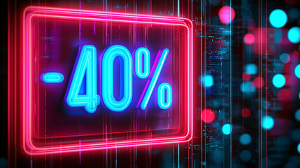 Neon Sale Banner in Pink Blau, 40% Rabatt Sale Banner für Angebote zu Weihnachten, Neujahr, Cyber Monday, Black Friday oder sonstiger Anlass, Shopping Offerte und Ausverkauf im Party Retro Style