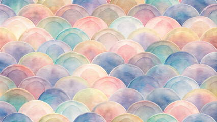 Watercolor scalloped pattern background, soft overlapping arcs in pastel colors, artistic concept