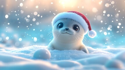 Obraz premium A seal pup in a Santa hat playing with a festive snowball