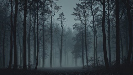 Naklejka premium Gloomy spooky tall forest trees silhouette landscape with dark foggy light