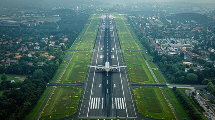 Fototapeta premium Aerial view of an airport runway with an airplane preparing for takeoff.