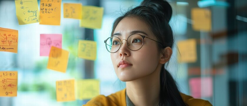 Thoughtful Young Woman Surrounded by Colorful Sticky Notes in Office