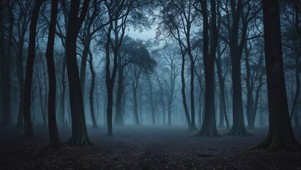 Gloomy spooky forest trees silhouette landscape with dark foggy light