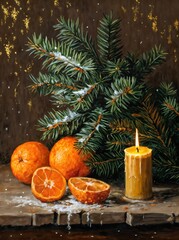 Cozy still life with oranges, glowing candle, and pine branches in festive atmosphere
