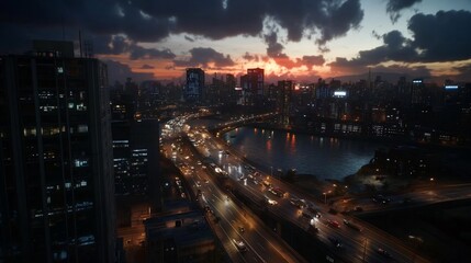 Obraz premium Night Cityscape at Sunset: Urban Panorama with Traffic