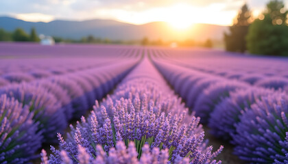 Fototapeta premium Vast lavender field in full bloom during sunset with a scenic mountainous background