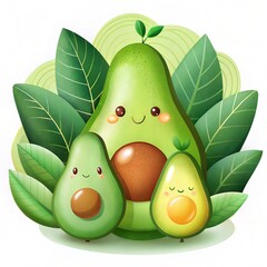 Cute Avocado Illustration with Smiling Fruit and Green Leaves
