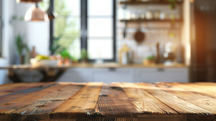 Kitchen rustic rural wood table top for promotion advertising product display with blurred modern interior mockup wooden tabletop over defocused kitchen background furniture and desk empty space.14