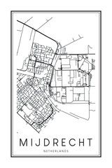 Printable downtown road map poster of the Dutch city of MIJDRECHT on solid white background with city name