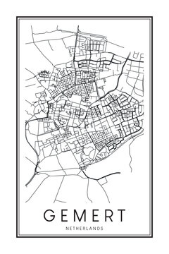 Printable downtown road map poster of the Dutch city of GEMERT on solid white background with city name