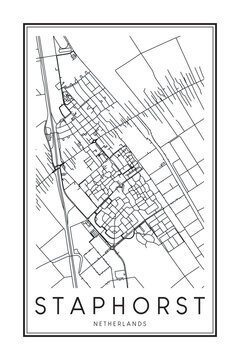 Printable downtown road map poster of the Dutch city of STAPHORST on solid white background with city name