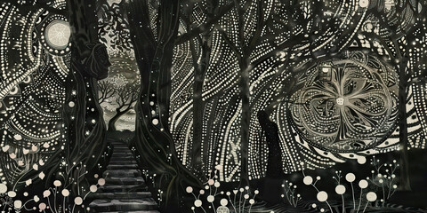 Fototapeta premium Stylized Forest Path with Ornate Tree Designs
