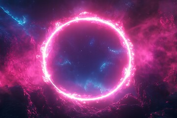 Obraz premium Abstract neon circle frame on a dark background, with a glowing light effect and a blue and pink glow in the middle of an empty space for design
