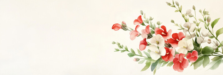 A beautiful watercolor painting features delicate red and white flowers, showcasing the elegance and grace of nature in its vibrant, floral artistry.