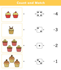 Count and Match Worksheet. Counting educational children game. Math kids activity sheet. How many counting game with cute cupcake illustration.