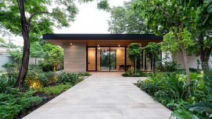 Modern minimalist house with garden path.